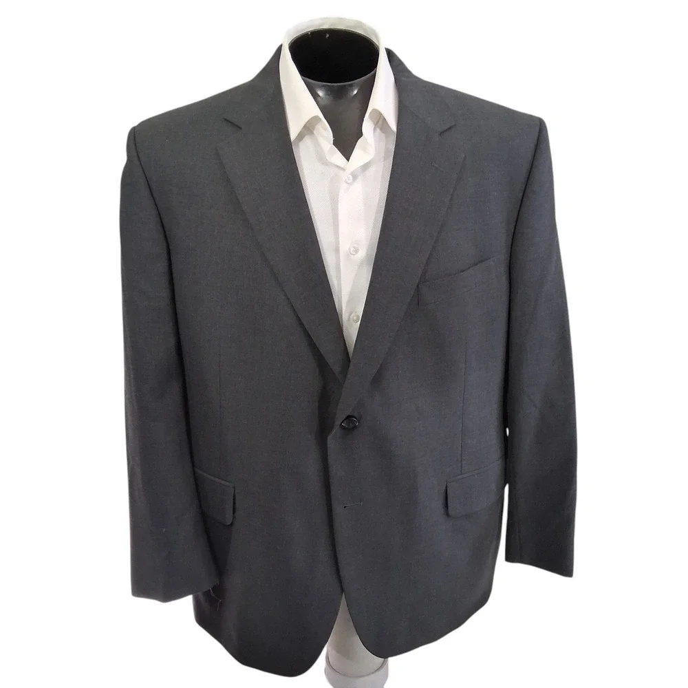 Jos A Bank Suit 46S 40x28 Gray Heathered Wool Two Button Flat Front No Cuff Pant